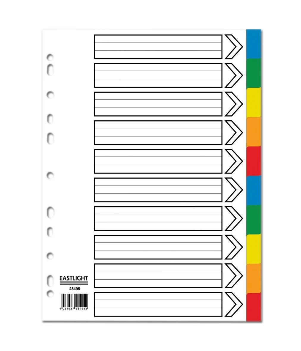 10 PART COLOURED POLYPROPYLENE SUBJECT DIVIDERS A4 725018